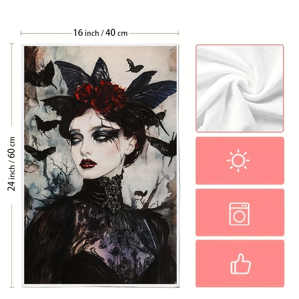 Two pieces of Whimsigoth Art Kitchen Towels - These ultra soft and highly absorbent polyester dish hand towels measure 40.64x60.96 cm. Featuring a gothic elegance design with red roses and black lace, they are machine washable and perfect for holiday