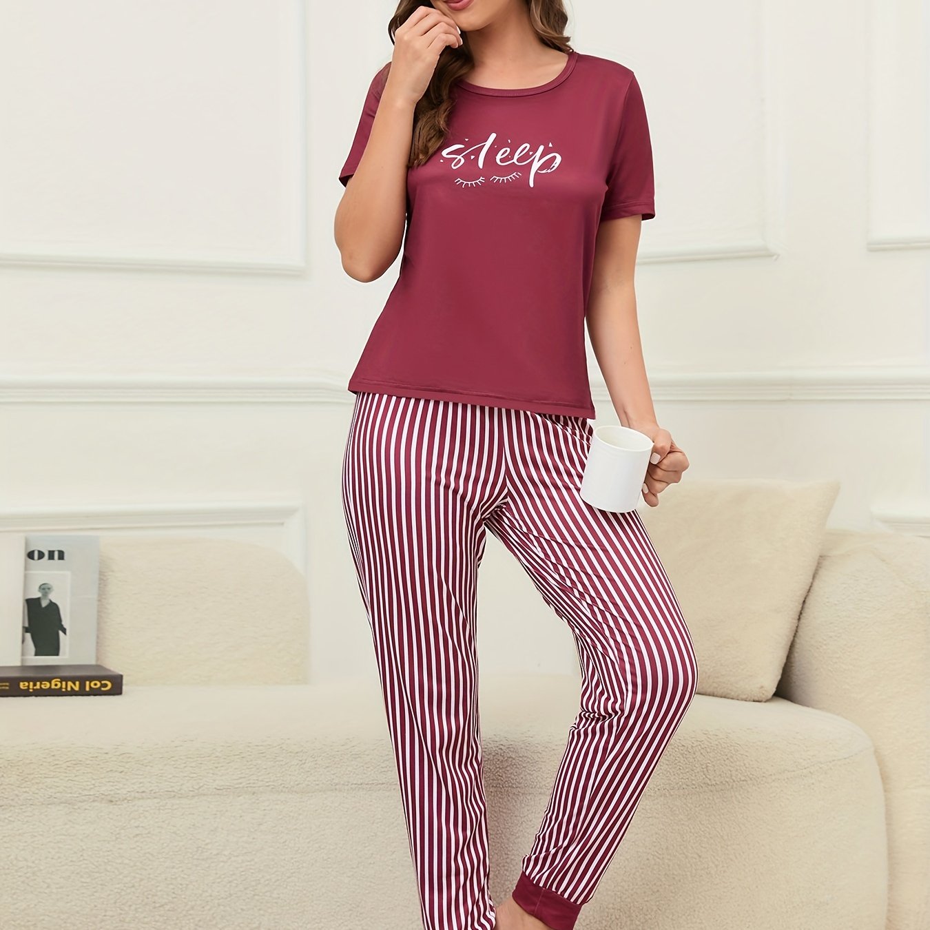 Women's loungewear set with short sleeve top and striped pants