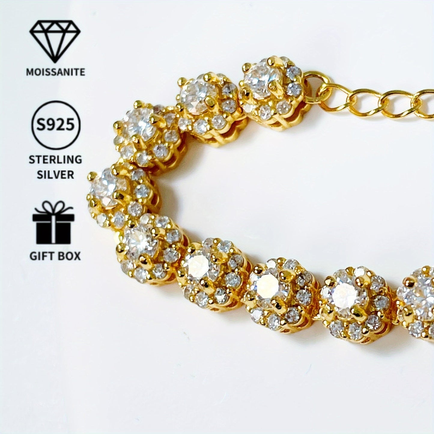 One Vintage Luxury 18K Golden Plated Moissanite Bracelet for Women, made with S925 Sterling Silver and featuring a 0.1 Carat Main Stone. Weighing 10.18g, this bracelet is perfect for weddings, banquets, Mardi Gras, and all seasons. Comes in a gift box