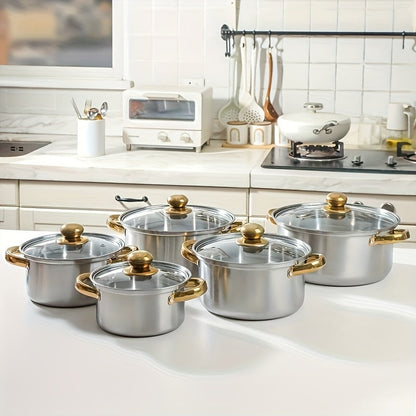 A multifunctional kitchen cookware set made of stainless steel comprising of 5 pots with double handles and 5 transparent lids. Compatible with gas stoves and induction cookers, suitable for cooking soup, stew, and noodles in 5 different sizes.