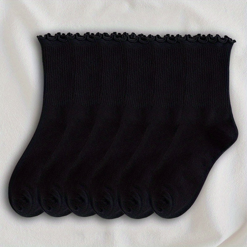 6 pairs of comfortable and breathable mid tube lettuce trim socks for women.