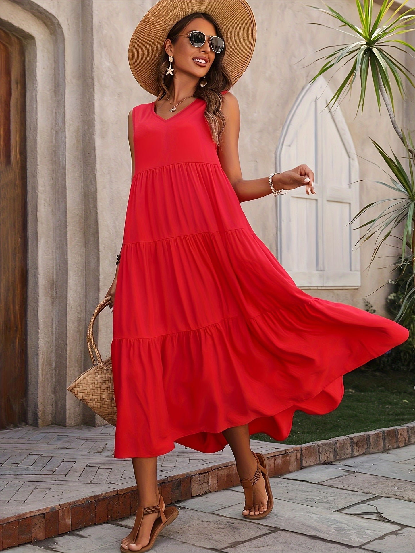 Loose V Neck Ruffle Hem Dress for Spring & Summer