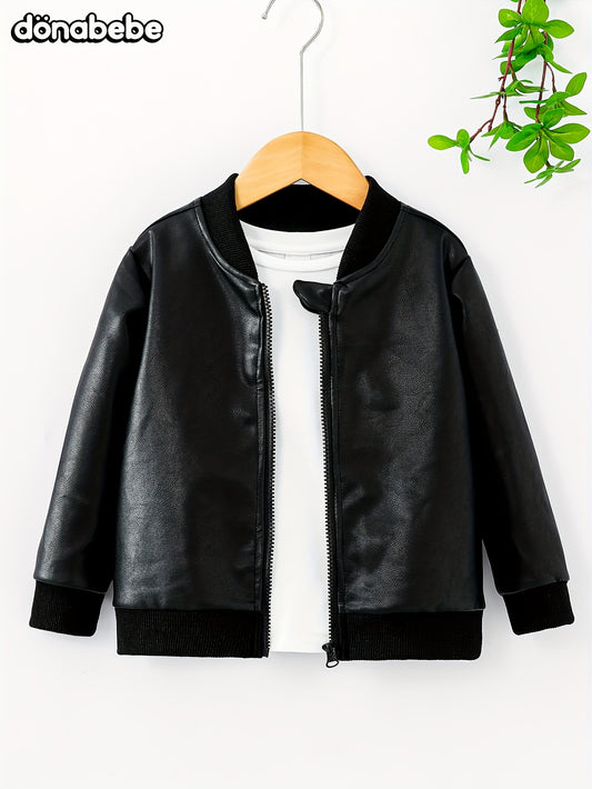 DONABEBE Boys' Black Zip-Up Jacket - Stylish Long Sleeve Outerwear for Spring & Fall, Casual Design with Baseball Collar, Polyester Fiber Clothing.