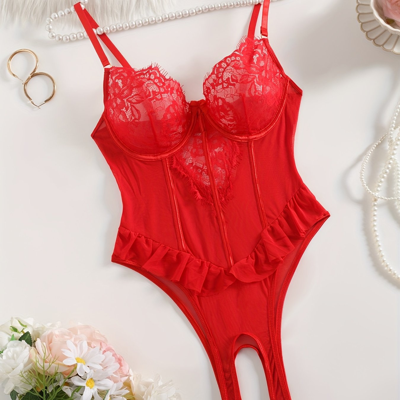 Red lace velvet teddy with ruffled detailing, underwire support, and high-cut, backless design. Features floral lace patterns, adjustable straps, and semisheer texture with lace trim.