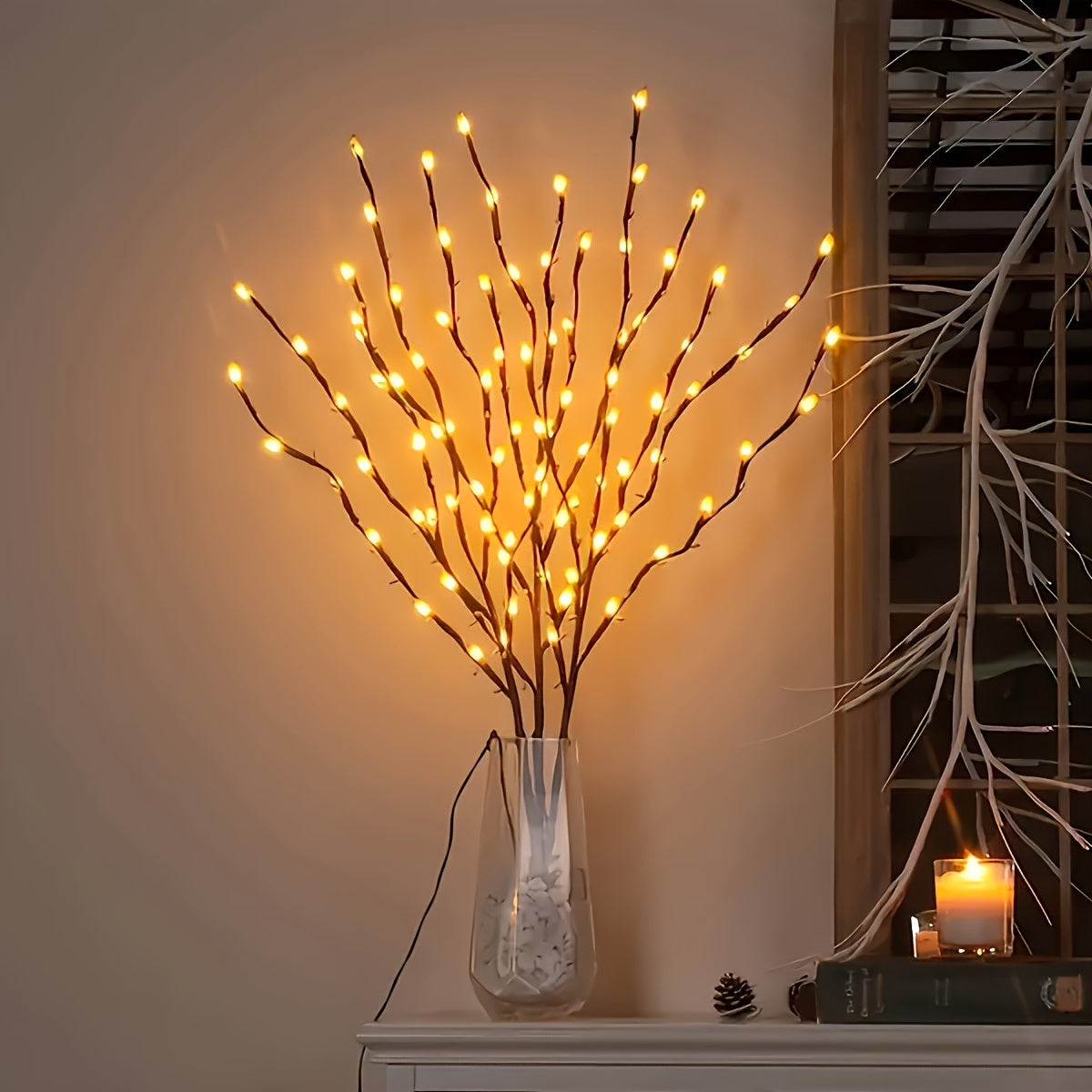 20 LED Branch Lights for indoor decoration, ideal for weddings, birthdays, and Christmas. Features a branch design. Requires 2 AA batteries (not included).