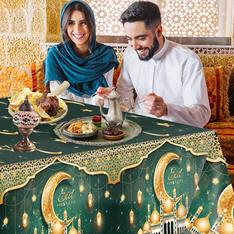 1pc Elegant Green & Golden Eid Mubarak Tablecloth - 130x220cm, featuring castle, moon, lantern & star design. Perfect for Ramadan & Eid celebrations, durable plastic machine-woven for