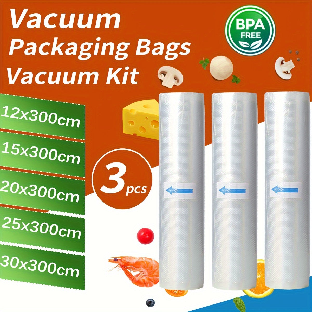 3 rolls of 3m food vacuum sealed bag rolls, bisphenol A-free, seven-layer co-extruded diamond pattern vacuum film bags for food preservation and packaging.