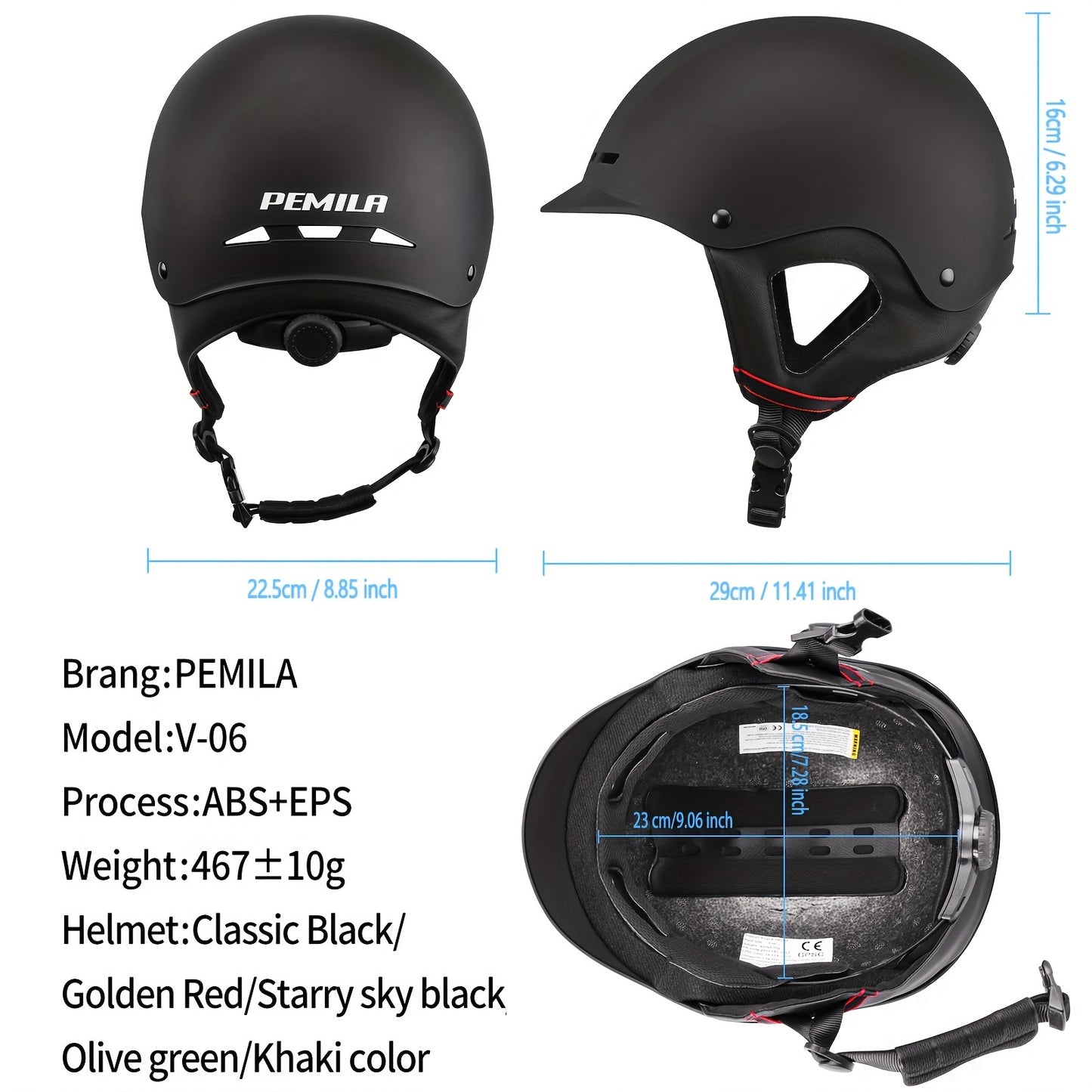 PEMILA Classic adult riding helmet with ABS shell and adjustable chin strap in various colors.