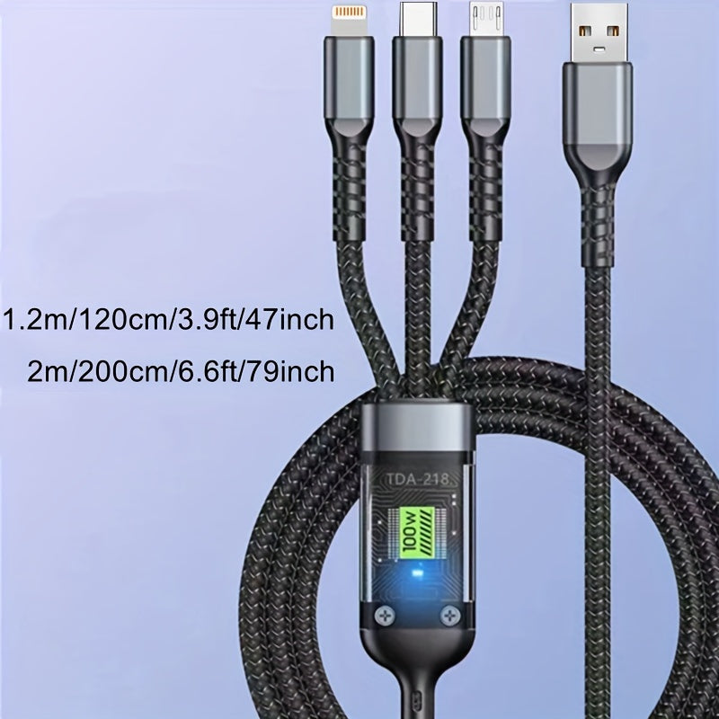 OLISHEN 100W 3-in-1 Fast Charging Cable for iPhone and other devices, with Nylon Round Matte design and Male to Male Connector for data transmission.