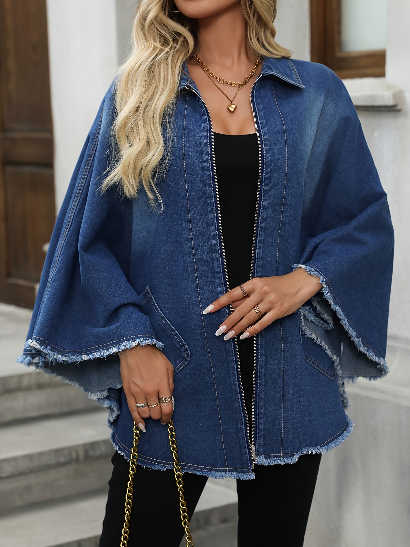 Elegant style batwing sleeve cape denim coat for plus size women, along with denim jeans and clothing.