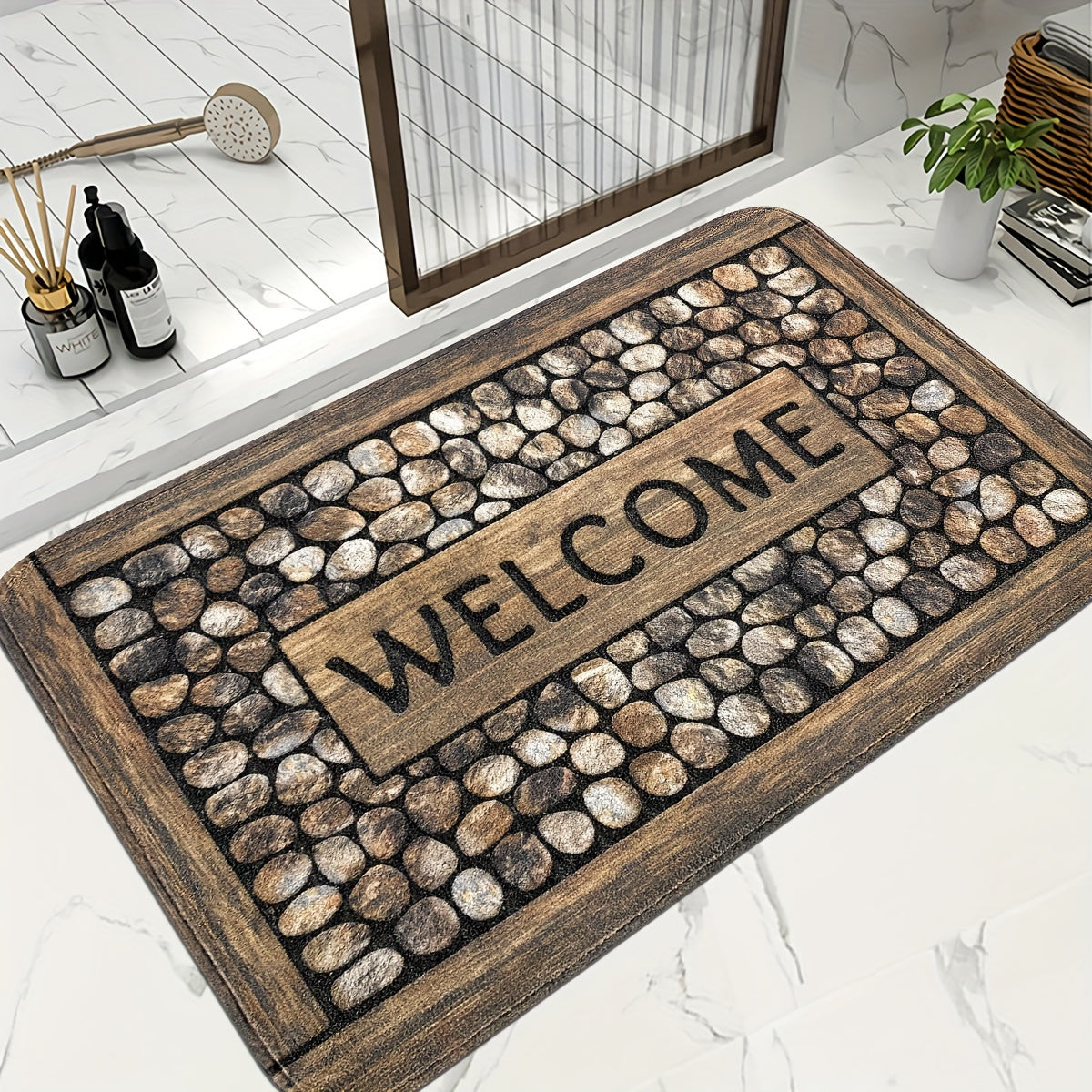 Give a warm welcome with our Stone Pattern Door Mat - Tough, Spill-Resistant & Easy to Clean Rug for Entryway, Bedroom, Living Room, Kitchen, Bathroom - Ideal Holiday Gift for Home Decor