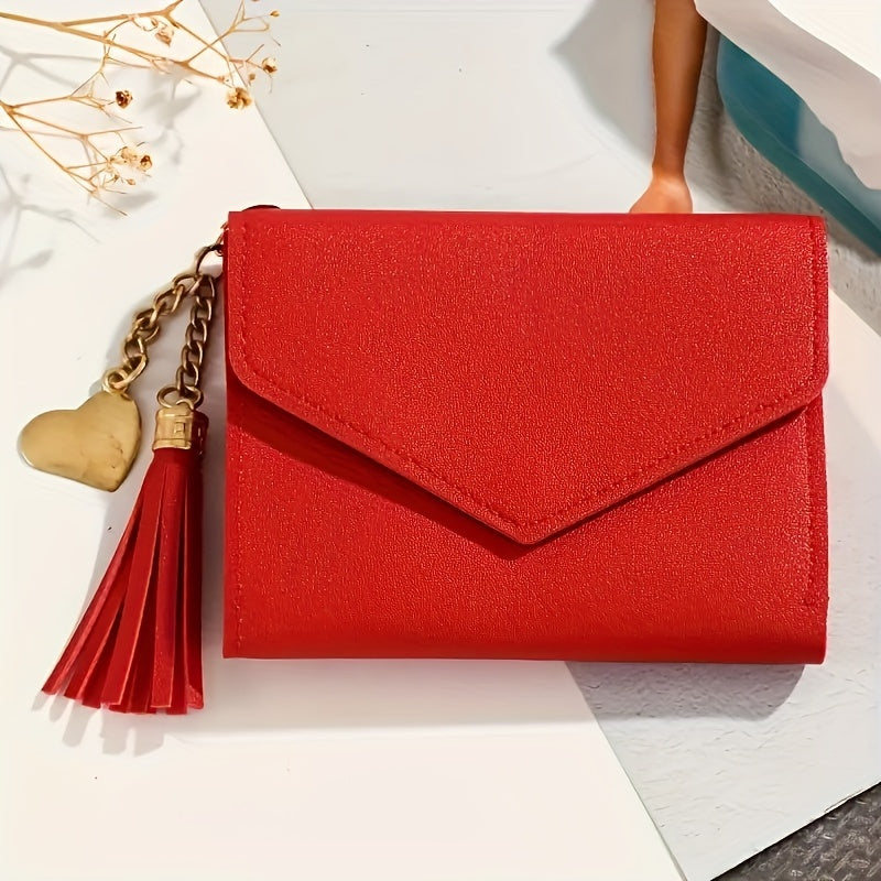 Compact trifold wallet for women with faux clutch coin purse, minimalist credit card holder, stylish tassel charm, and versatile for daily use.