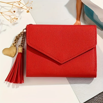 Compact trifold wallet for women with faux clutch coin purse, minimalist credit card holder, stylish tassel charm, and versatile for daily use.