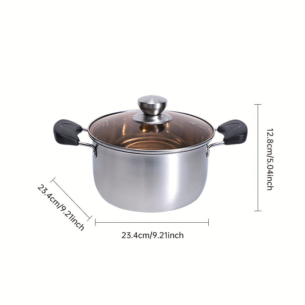 Soup pot with lid made of stainless steel - featuring dual handles, compatible with induction cooktops, and safe to use in the dishwasher for home kitchen cooking.