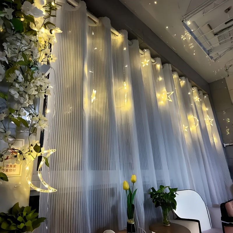 1 set of LED fairy curtain lights with stars and moon for decoration during various events including Ramadan, Valentine's Day, weddings, birthdays, graduation ceremonies, parties, and