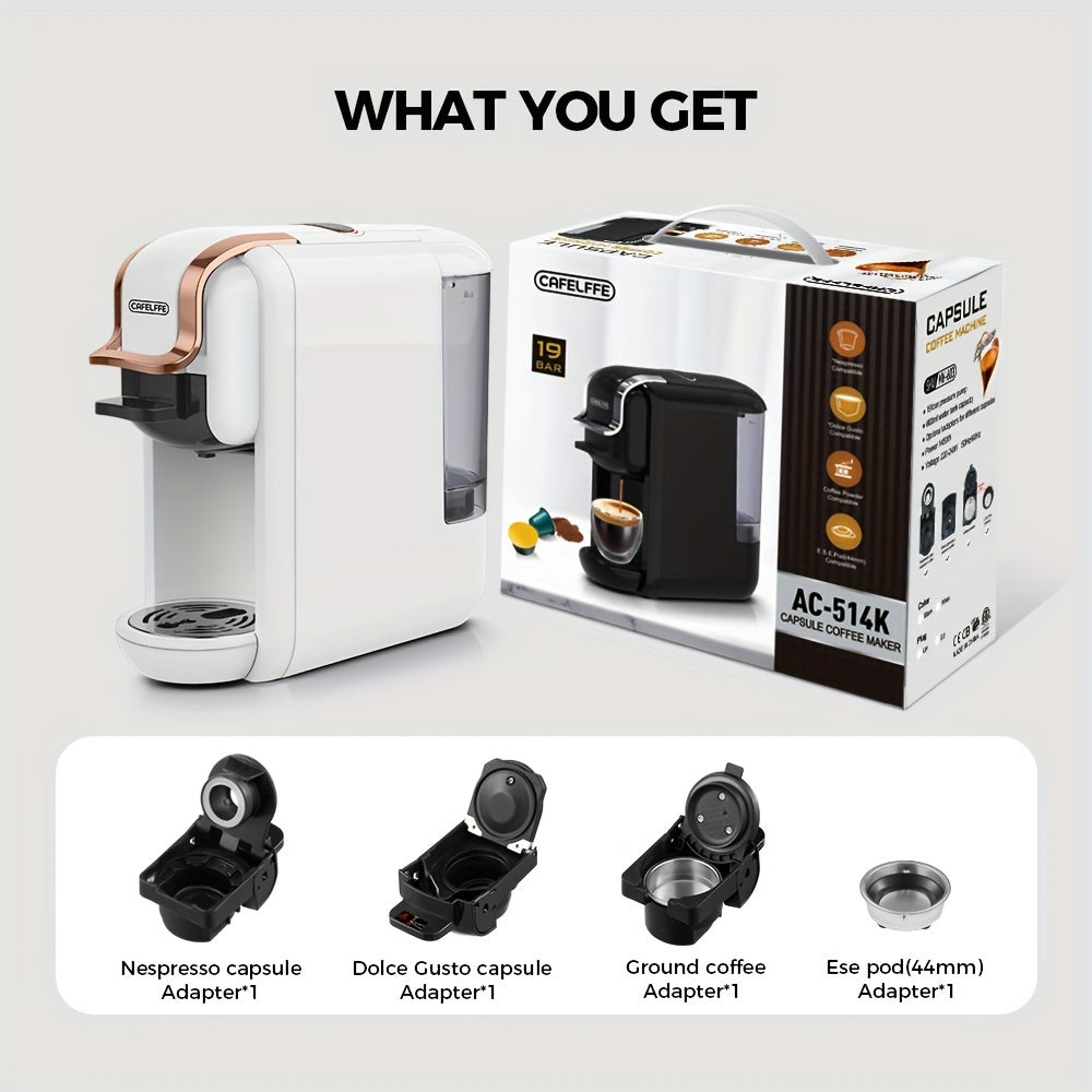 CAFELFE 4-in-1 Capsule Coffee Maker with 19 Bar Italian Pump, 600ml Water Tank, Automatic Shut-Off. Great for Capsules, Dolce Gusto, Ground Coffee, and Esepod. Perfect for Home and Office.