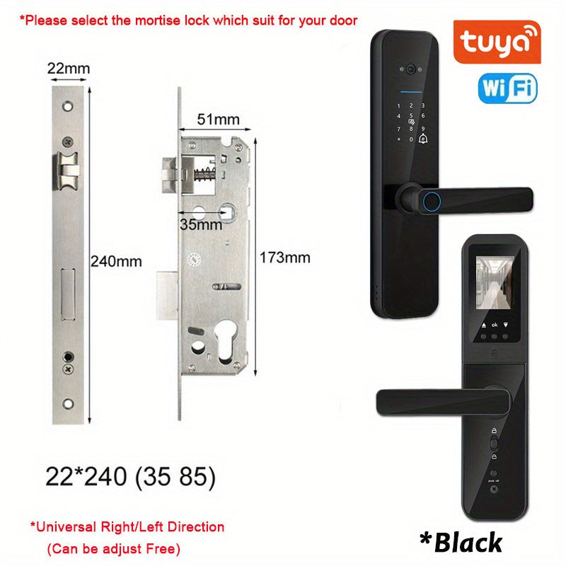 Smart door lock with biometric camera, fingerprint, smart card, password, and key unlock.