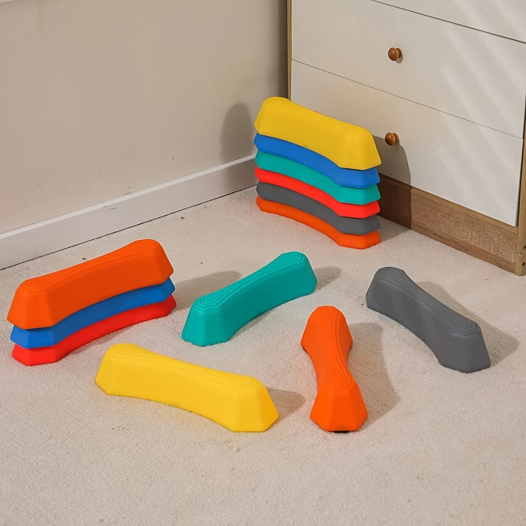 8-piece set of Stepping Stones and Balance Blocks in red, green, blue, and yellow, made of durable PP material for indoor/outdoor use. Perfect for youngsters' fitness and sensory play.