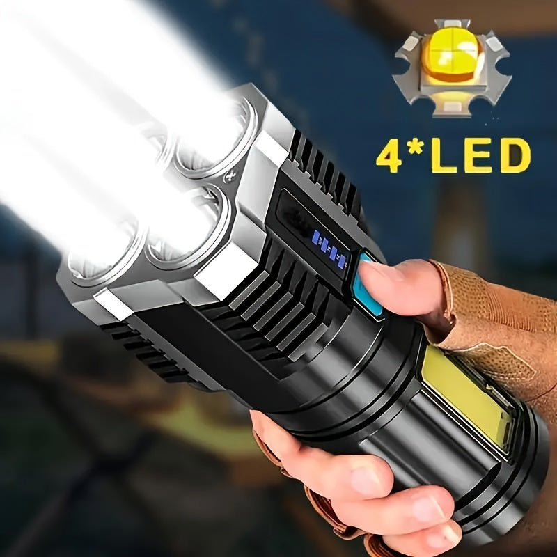 USB rechargeable LED flashlight with COB side light, 1200/800/400mAh, powerful and portable, great for outdoor activities, includes USB cable.