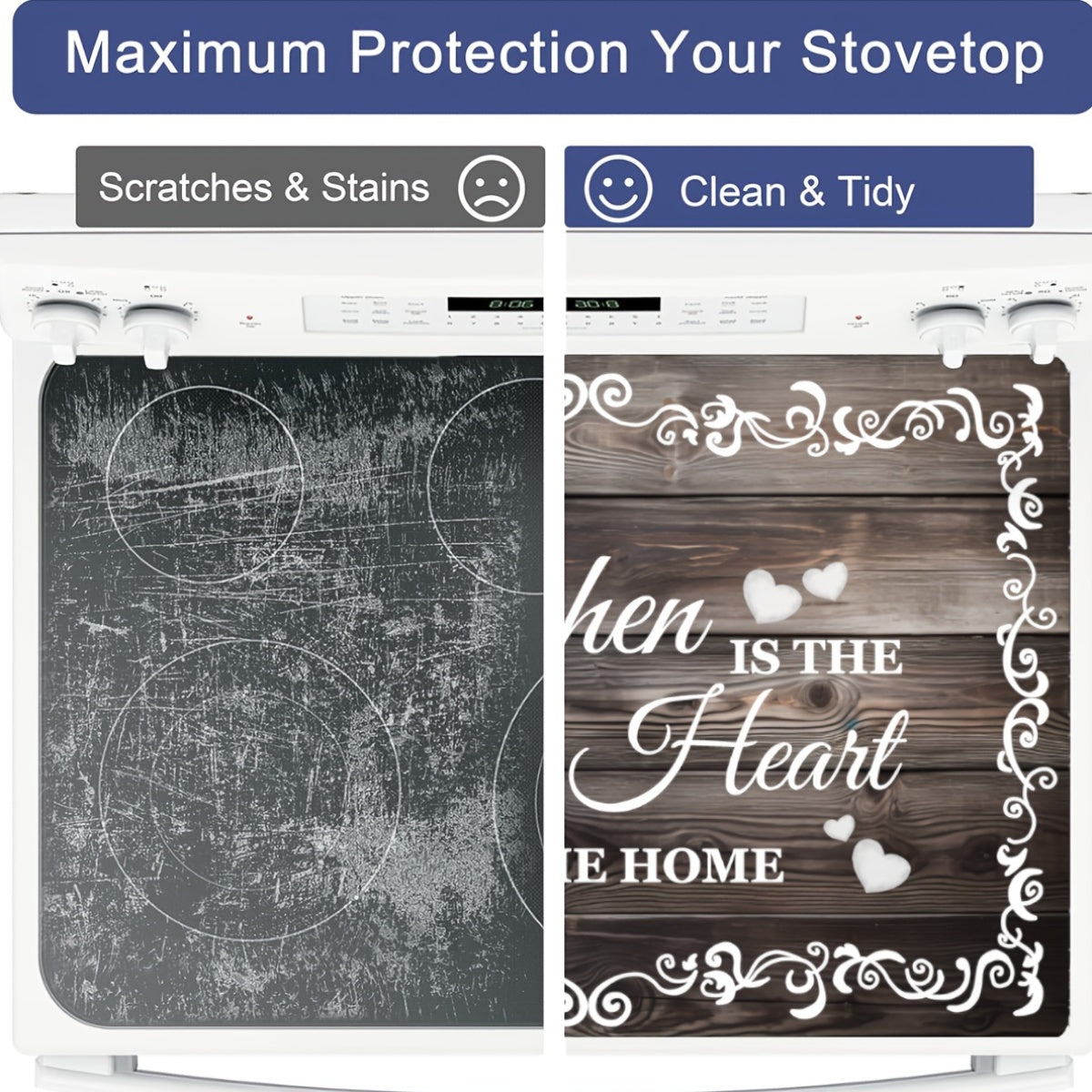 Transform your kitchen  with the "The Kitchen is the Heart of the Home" Diatom Mud Electric Glass Stove Top Cover. This versatile kitchen mat measures 72.39x52.07cm and features an anti-scratch rubber protective pad, making it ideal for use on ceramic