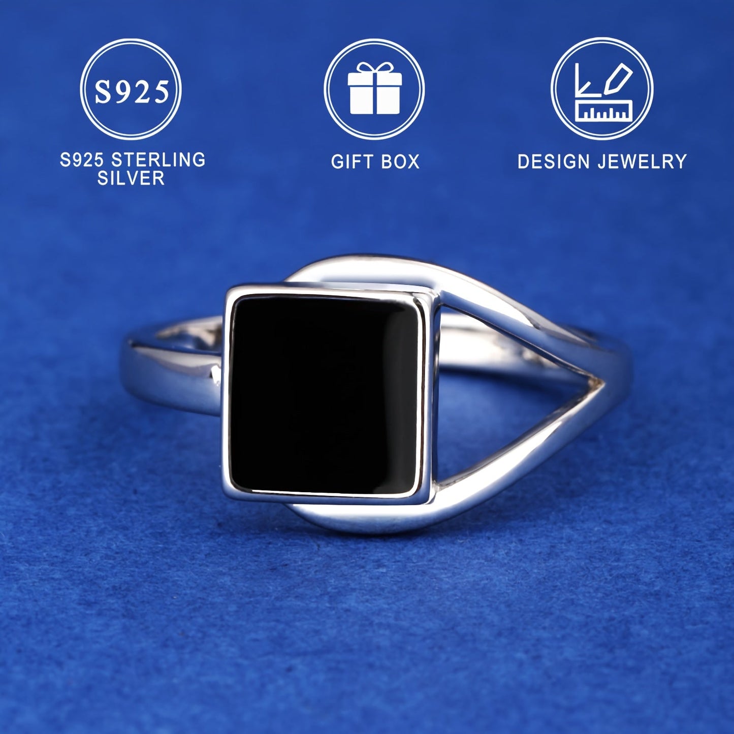 18K Gold Plated S925 Sterling Silver Ring, 2.8g, Featuring Black Square Design with Exquisite Oil Drop Craftsmanship, Comes in a High-Quality Jewelry Gift Box for Men and Women, Horse Shoe Motif, Electroplating Finish