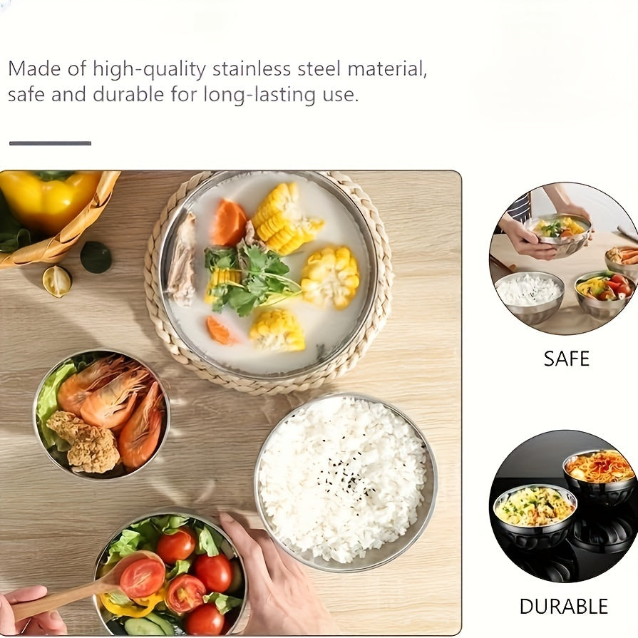 5 stainless steel bowls with double-layered heat insulation, suitable for serving salads, noodles, soups, desserts, and ice cream. Dishwasher safe and suitable for kitchen utensils and tableware.