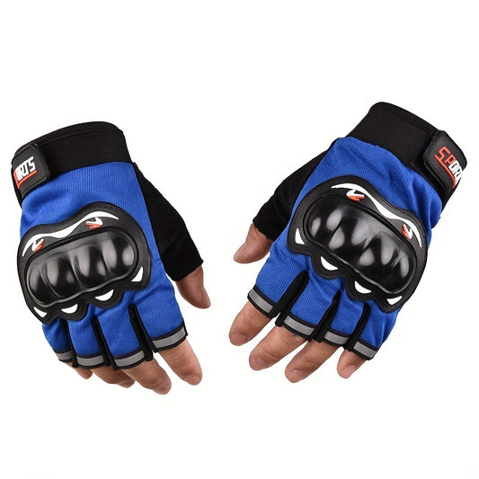 Nylon woven half-finger riding gloves with hook & loop closure, machine washable for motorcycle riding.