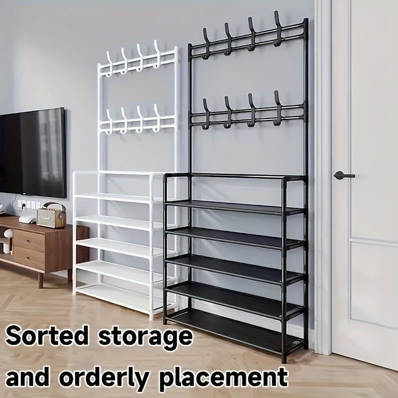 Multi-functional Entryway Organizer - Metal Rack with Hooks for Jackets and Shoes, perfect for storing Clothes, Hats, Bags, and Umbrellas. Great for organizing in your Home, School, or Classroom.