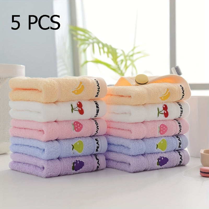 Five soft cotton fingertip towels with fruit patterns ideal for everyday use in the bathroom.