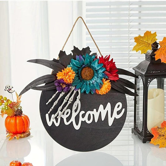 Round Wooden Halloween Welcome Sign - Yellow/Black Festive Wreath Hanging Decoration for Your Door