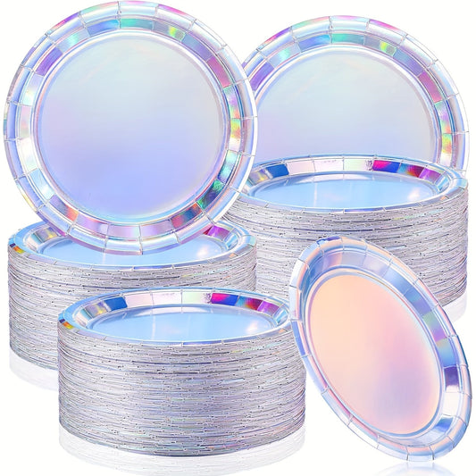 Set of 10/30 Rainbow Holographic Disposable Plates - 17.78cm Round Paper Plates for Desserts & Parties - Ideal for Birthdays, Weddings, and Themed Events - Water and Oil Proof