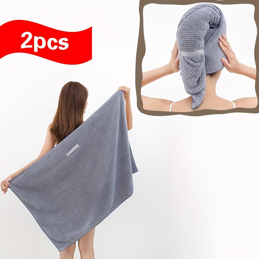 Fast-drying microfiber hair towel for women with long, thick, and curly hair. Soft coral fleece material with elastic band for everyday comfort. Beige textured design for quick drying.