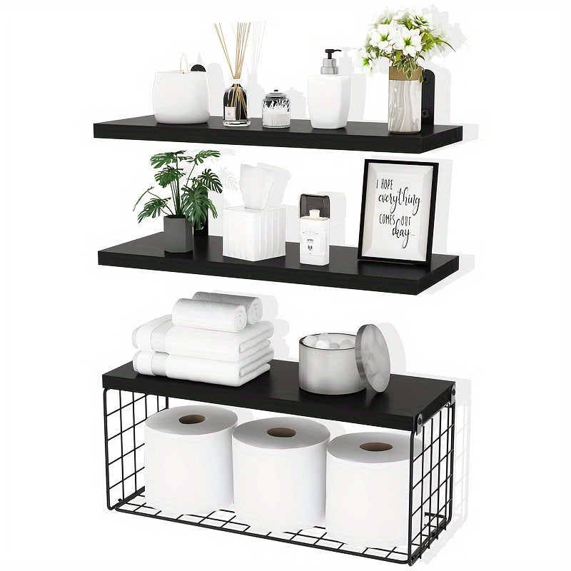 Wooden floating storage rack with paper towel and toilet paper baskets for bathroom organization and country home decor.