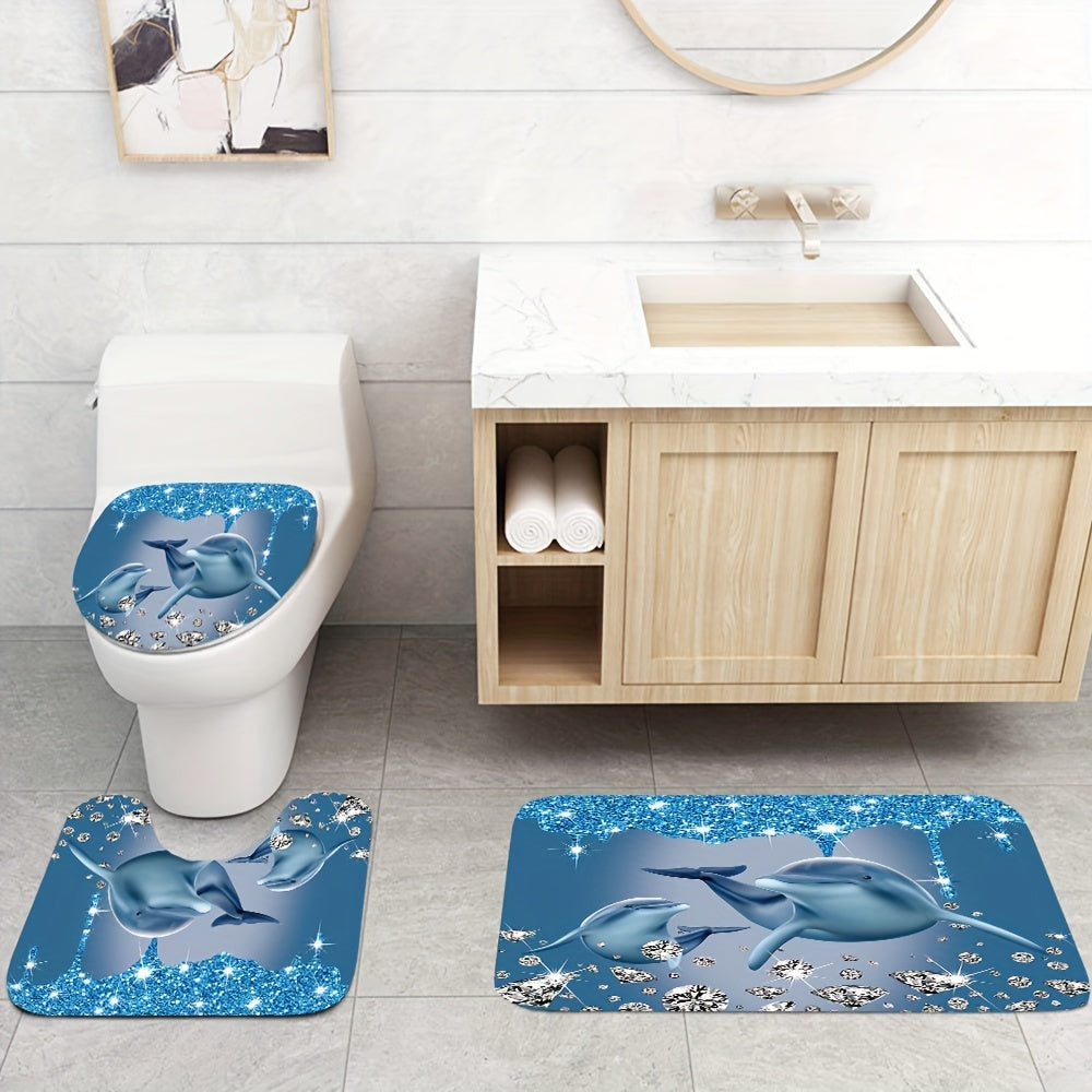 Ocean Dolphin Shower Curtain Set with 3D printed cartoon design, made of twill weave polyester fabric. Includes non-slip washable bath mat, toilet cover, and twist top with hooks. Suitable