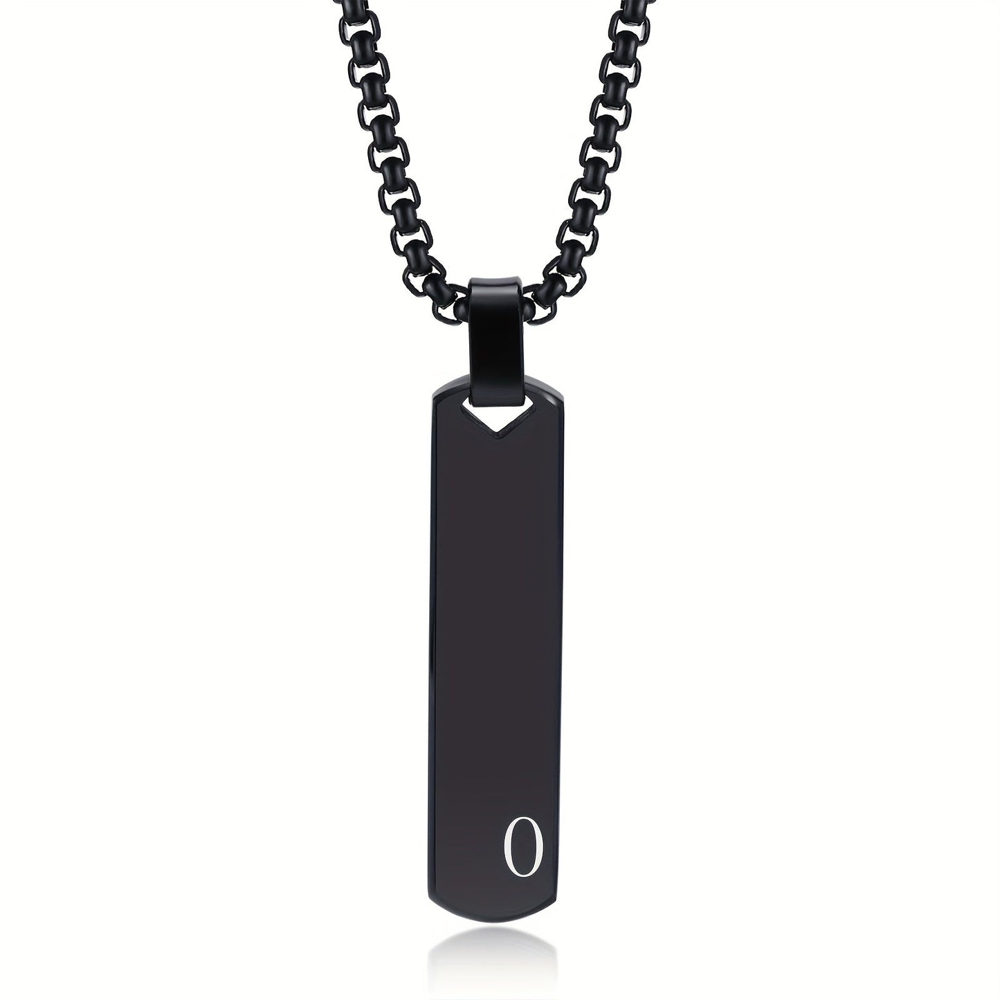 Letter necklace pendant made of stainless steel with laser engraving featuring all 26 letters, the pendant has a high polished three-dimensional rectangular design, and is a trendy fashion accessory for men crafted from titanium steel.