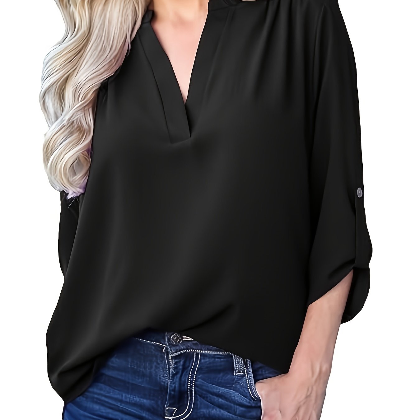 Elegant plus size V-neck blouse with roll-up sleeves in a solid color, machine washable, perfect for casual outings.