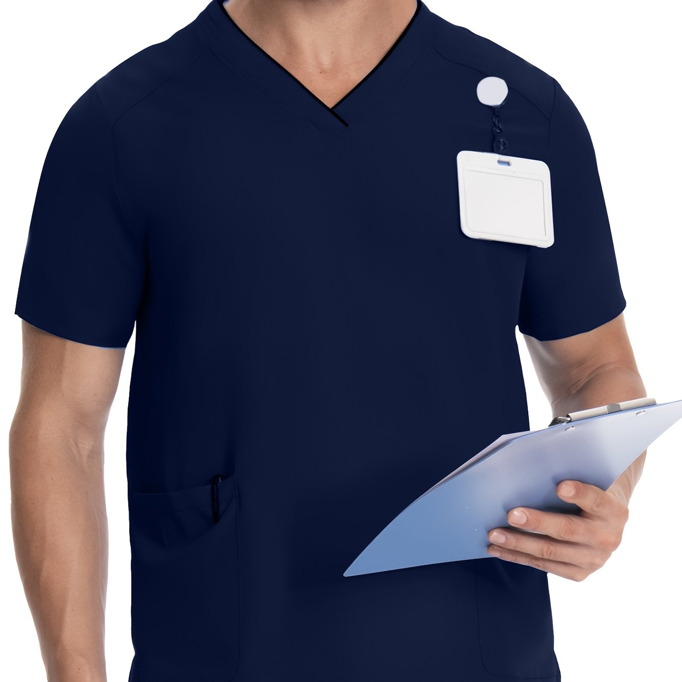 Men's Short Sleeve V-Neck Scrubs with Pockets, Polyester Lab Coat, Breathable with Slight Stretch, Regular Fit, Ideal for Pet Grooming and Medical Uniforms in Spring/Summer/Fall.