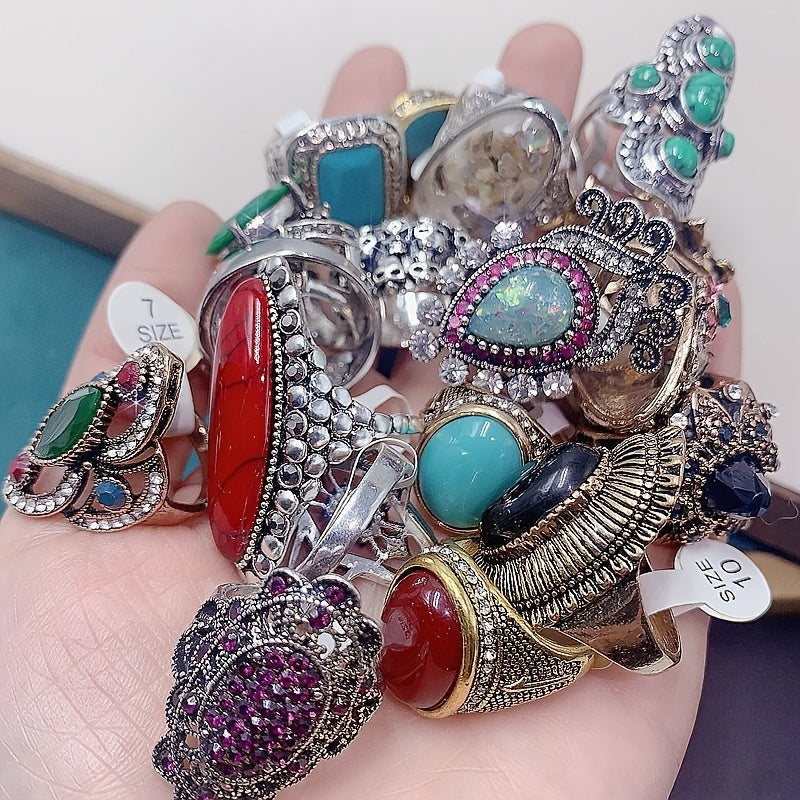 Set of 10 Vintage Exaggerated Synthetic Turquoise Alloy Rings in Luxury Ethnic Style. Each pair features heart-shaped design with synthetic stone and alloy material. No power required. Perfect for parties, weddings, Valentine's Day, and everyday wear.