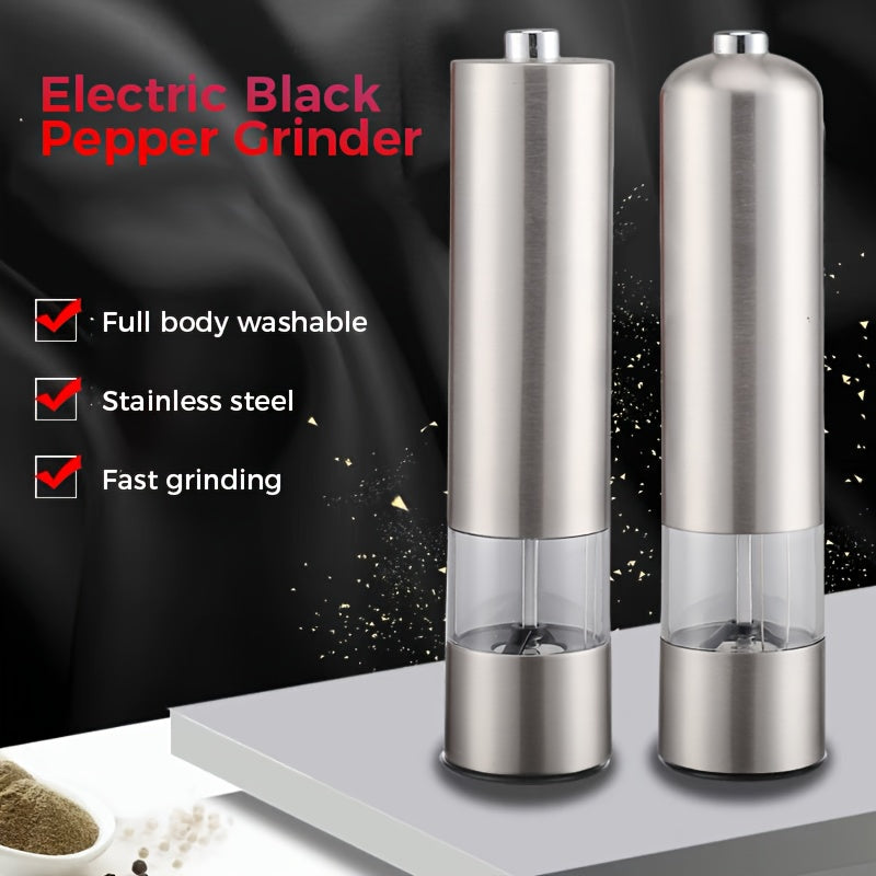 One-Handed Battery-Powered Electric Spice Grinder - Adjustable Stainless Steel Pepper & Salt Mill with LED Light, Perfect for Kitchen and Dining