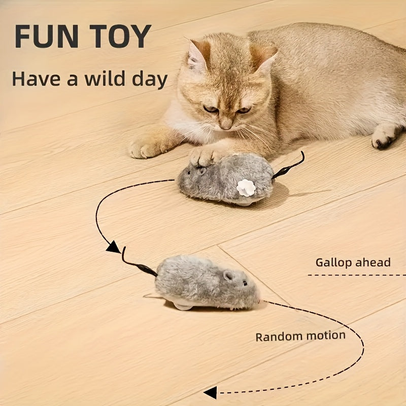 Non-electric, interactive cat toy with wind-up running rat made of durable vinyl material, suitable for kittens, promoting play and exercise without the need for batteries.