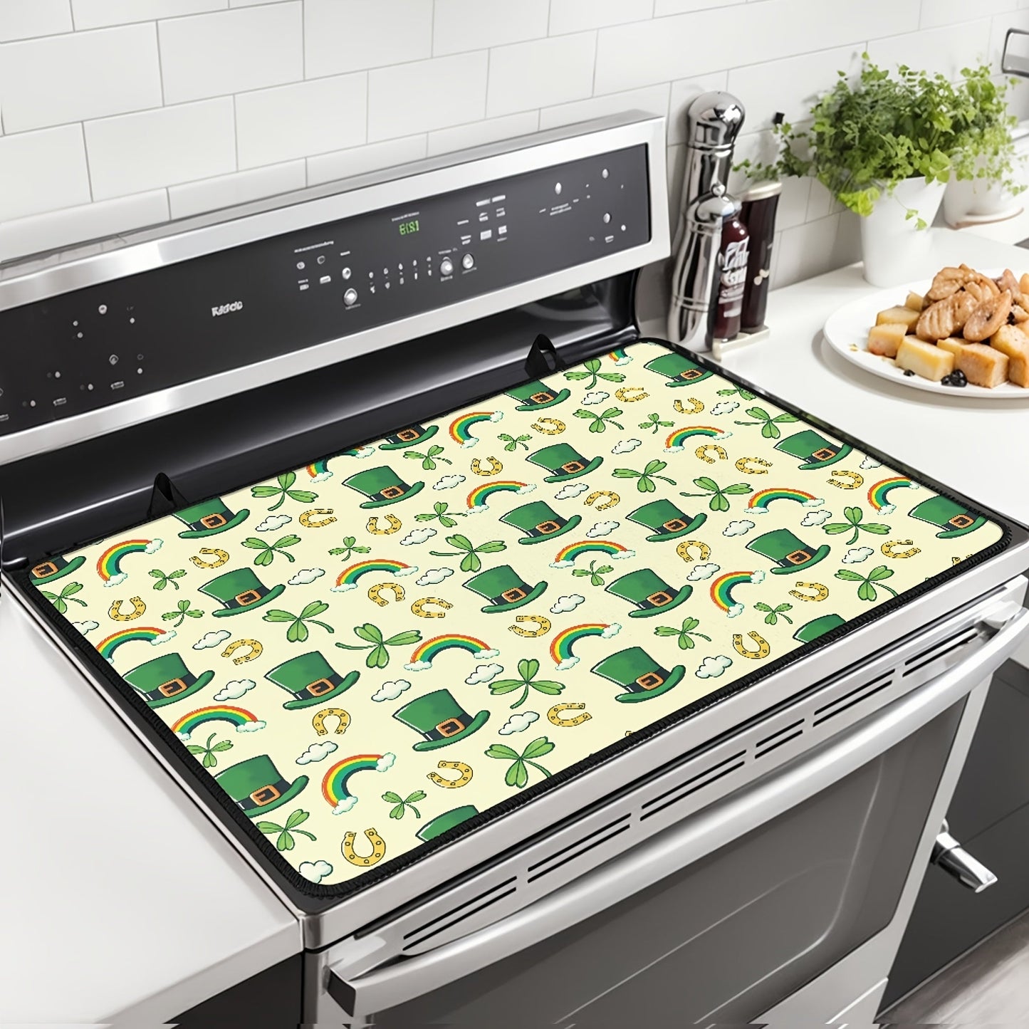 Heat-resistant non-slip stove cover featuring a St. Patrick's Day clover and green hat design. This glass ceramic protector includes a rubber guard and scratch-proof coffee mat, perfect for protecting your kitchen countertop space. It can also be used as