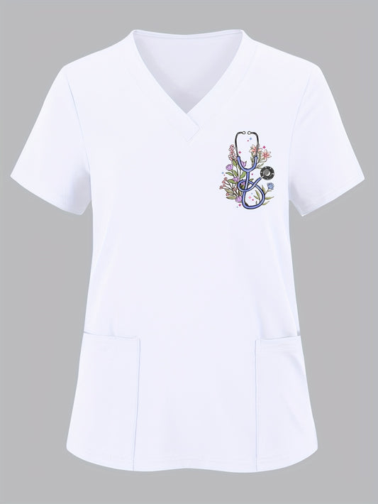 Women's Elegant Floral Stethoscope Print Scrub Top with Pockets, Short Sleeve, Medium Stretch Polyester Knit Fabric, Loose Fit Pullovers, All-Season Nurse Uniform