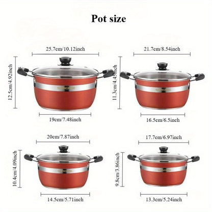 Set of 6: Budget-Friendly Hot Pot and Household Stainless Steel Cookware Set, including Frying Pan, Soup Pot, and Induction Cooker, in Colorful Kitchenware Design.