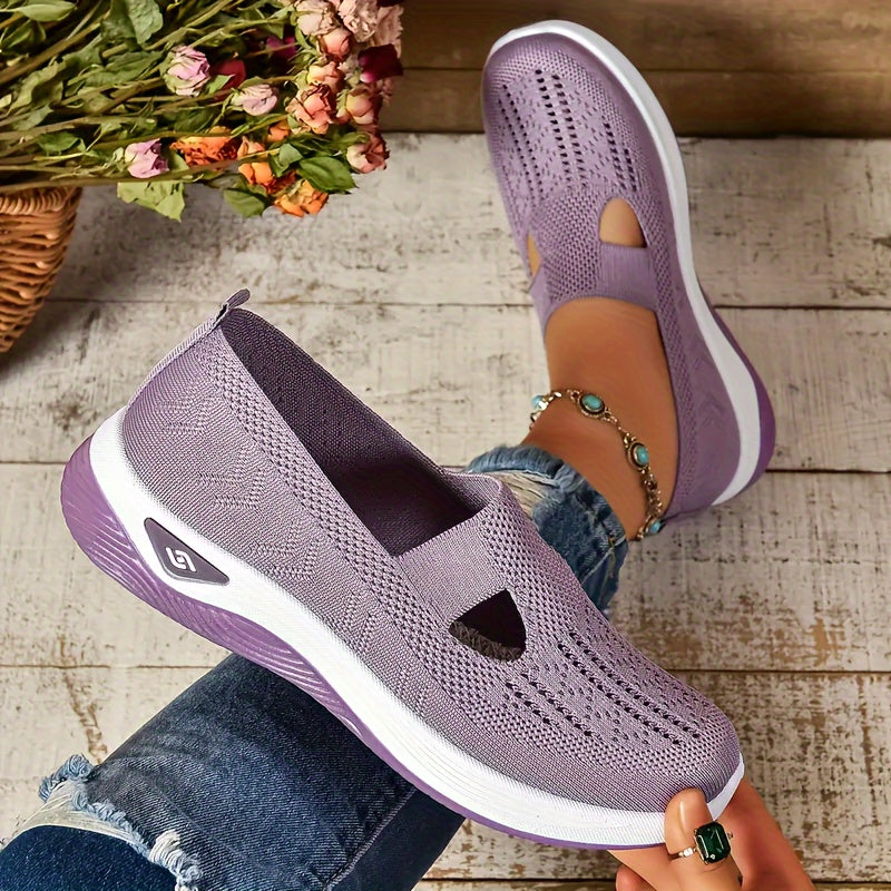 Women's breathable knit slip on sneakers, lightweight and solid colored.