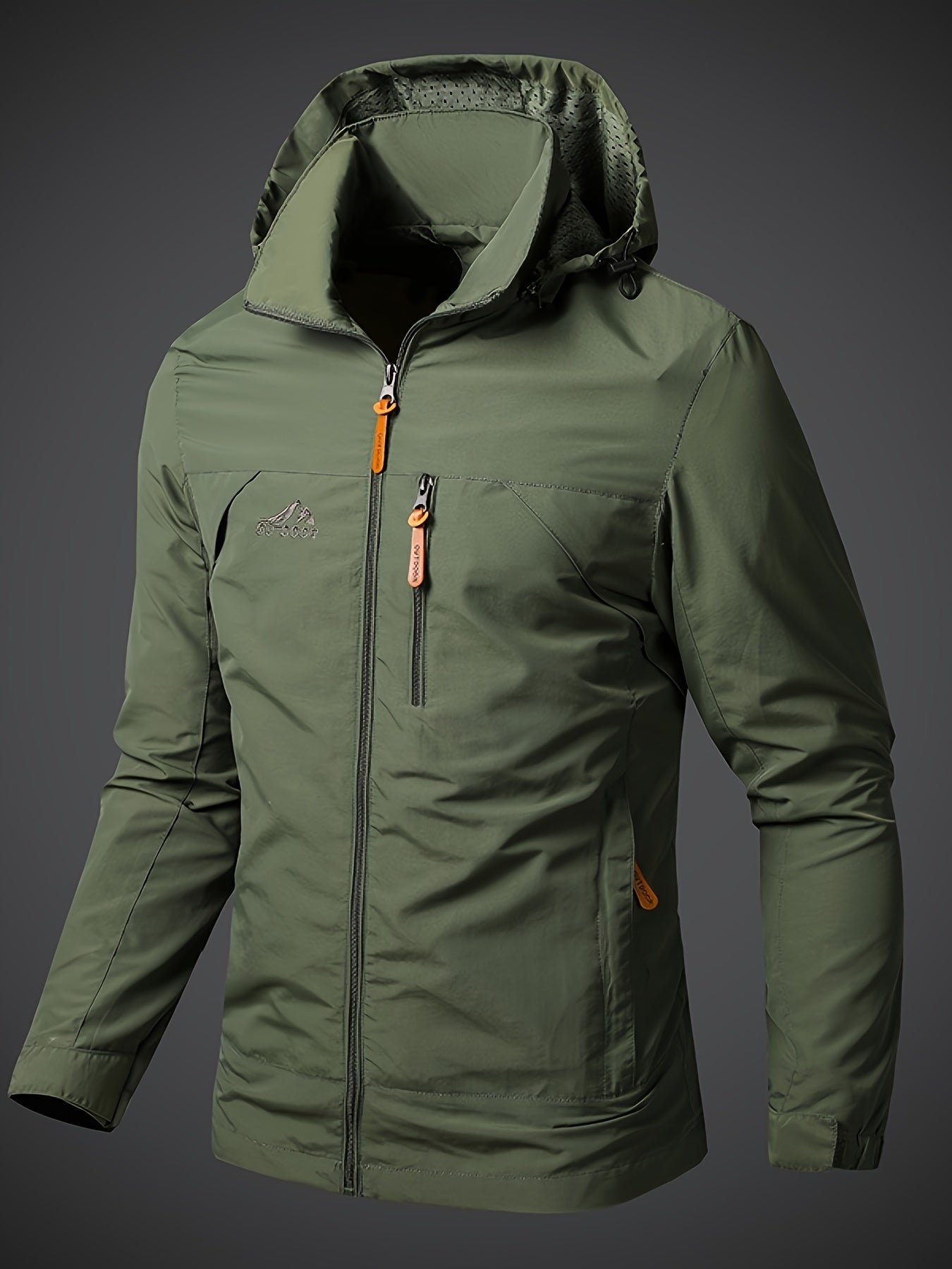 Men's lightweight hooded polyamide jacket with zipper closure and polyester lining, ideal for hiking and outdoor activities in the spring/fall season.