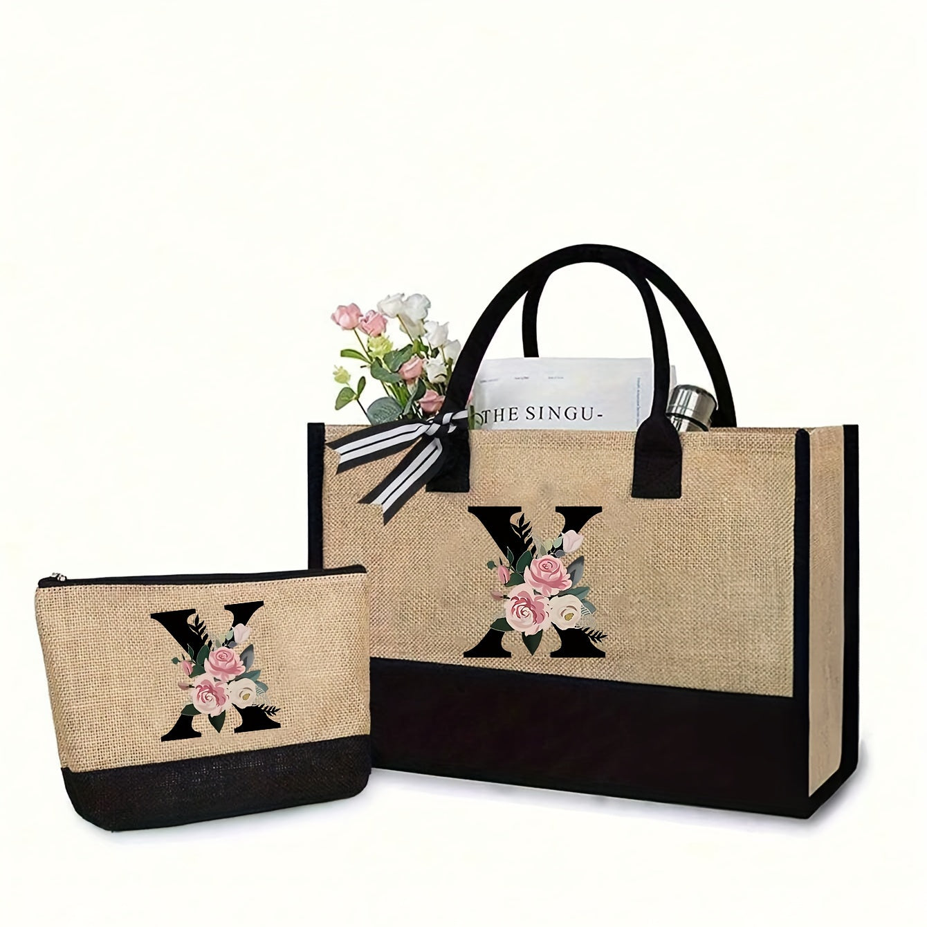 Stylish 2-piece canvas tote and makeup bag set - great for weddings, birthdays, beach, and school. The perfect gift for women, moms, teachers, friends, and bridesmaids.