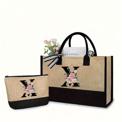 Stylish 2-piece canvas tote and makeup bag set - great for weddings, birthdays, beach, and school. The perfect gift for women, moms, teachers, friends, and bridesmaids.