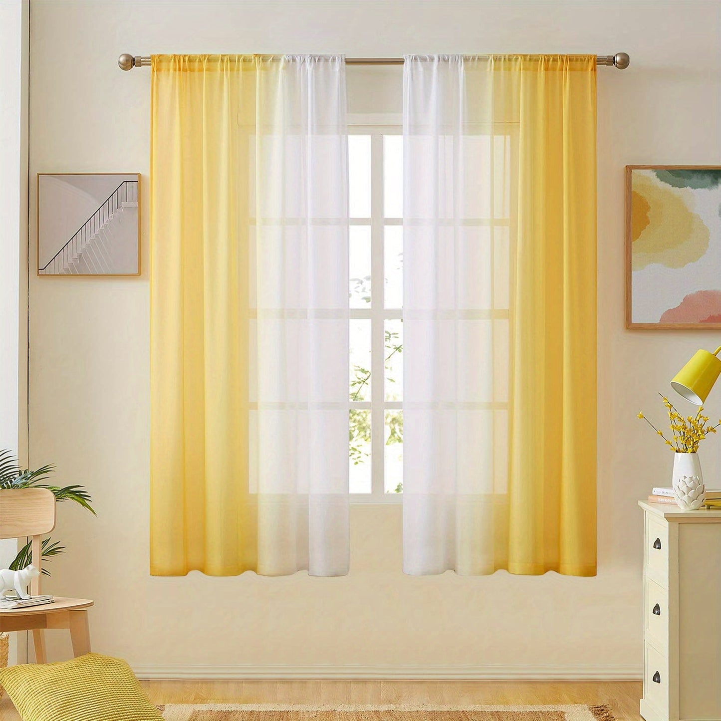 Two pieces of rod pocket curtains with a gradient style, made of transparent imitation linen material. These sheer curtains are perfect for adding a decorative touch to any bedroom, office, kitchen, living room, study, or home decor.