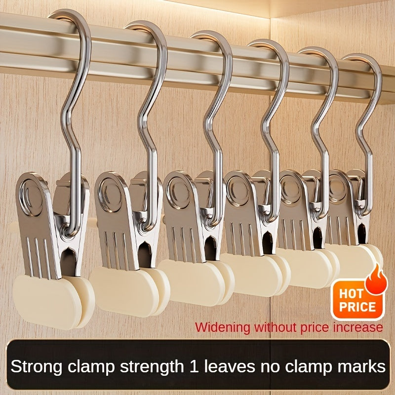 Ten metal clothes hangers with a polished finish and multi-functional broadened no-crease clips for hats, straps, and jeans. These durable anti-slip portable clamps are perfect for hanging socks.