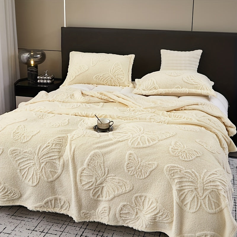 Elegant White Taffeta Butterfly Jacquard Throw Blanket - Luxuriously Soft, Warm, and Cozy for Couch, Bed, Office, and Travel - Versatile All-Season Gift in Solid Multifunctional Color